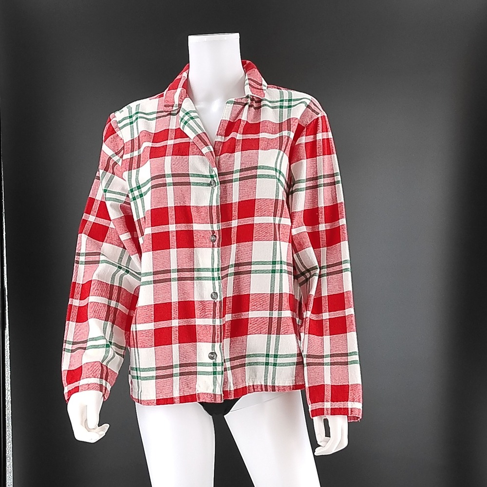 Old Navy Flannel Pajama Top Large Red Green White Plaid Cotton Long Sleeve PJ